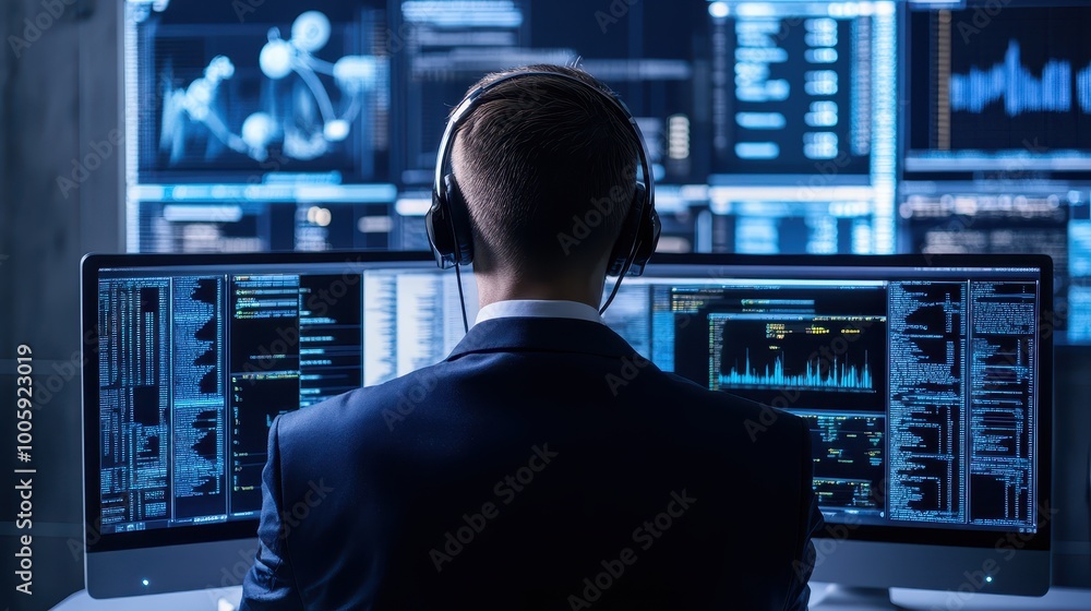 Poster hacker in dimly lit room with multiple monitors