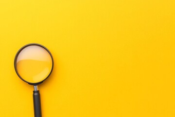 Colorful office supplies and a magnifying glass on a bright yellow background with copy space.