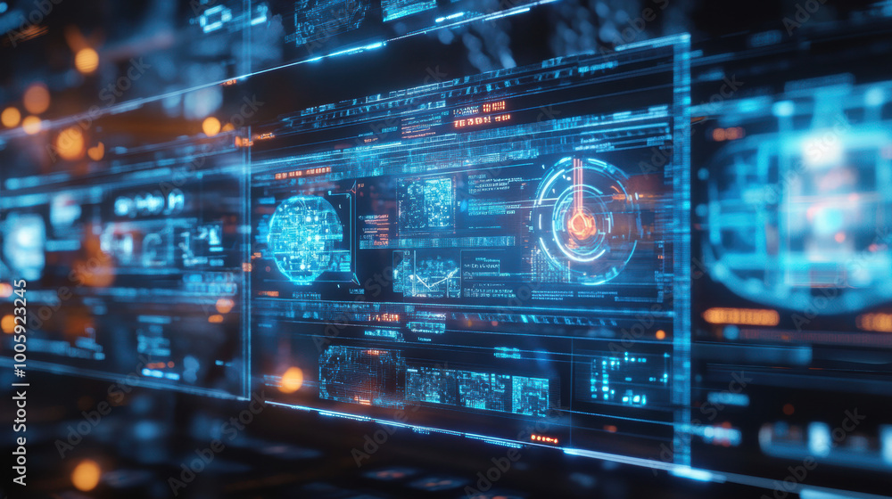 Aufkleber futuristic digital interface displaying holographic data and analytics, showcasing advanced technolo