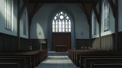 Fototapeta premium Empty Church Interior with Stained Glass Window and Wooden Pews.