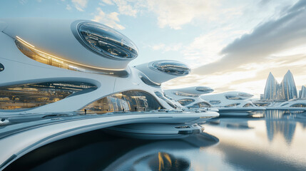 Obraz premium Futuristic architecture showcases sleek designs and innovative structures reflecting advanced transportation concepts. serene water enhances modern aesthetic, creating captivating scene