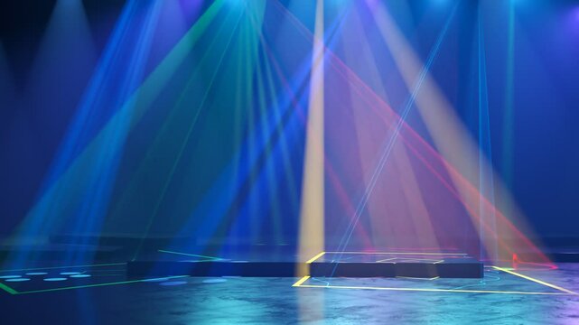 Multiple Colorful Disco Lights Illuminating An Empty Stage In A Dark Interior Abstract Bright Lasers Before Event