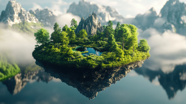 floating 3D representation of vibrant virtual ecosystem featuring lush greenery, serene pond, and majestic mountains in background. This enchanting landscape evokes sense of tranquility and wonder