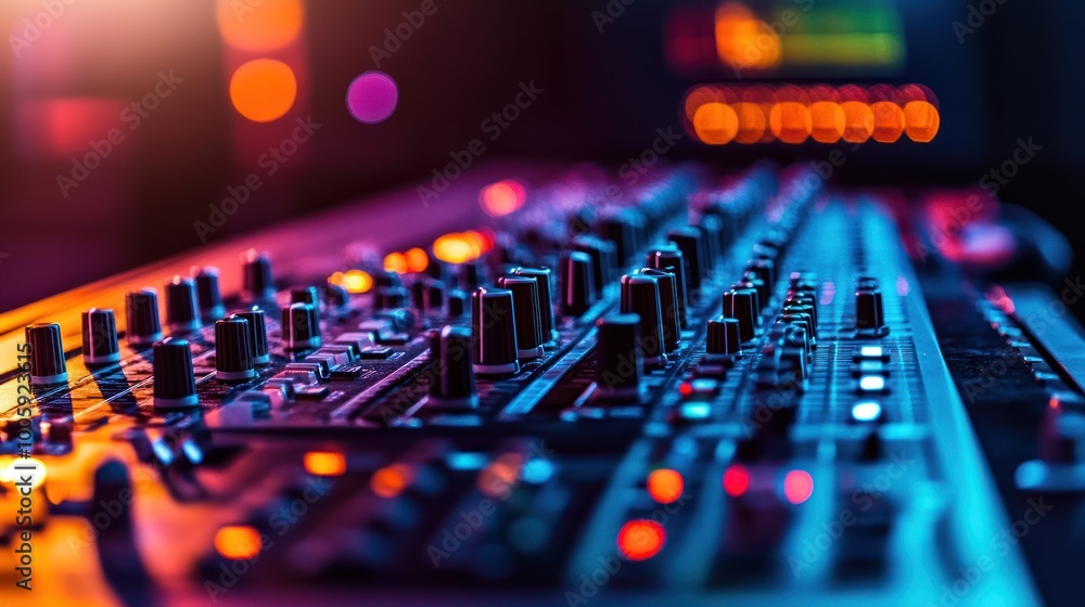 Poster a close-up of a music mixing console with colorful lights and knobs.