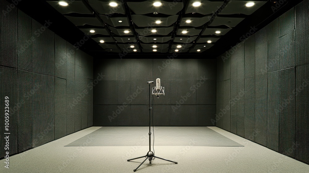 Poster A soundproof recording studio with a microphone on a stand in an empty room.