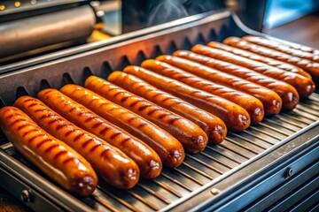 Hotdogs Cooking on Electric Grill in Cafe, Closeup of Juicy Sausages on BBQ, Perfect for Fast Food Lovers