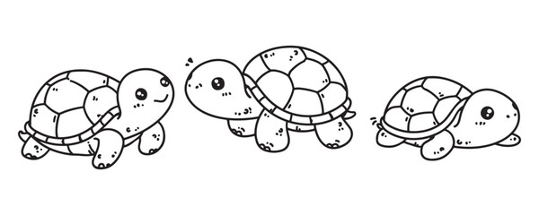 Set of cute turtles in hand-drawn vector illustration. Doodle line art style, isolated and easy to use, perfect for kids' creative projects and designs.