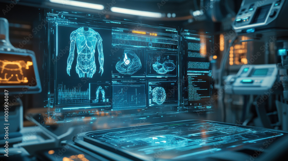 Poster futuristic medical interface displaying detailed anatomical data and health metrics. advanced techno