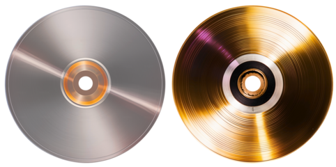 Close Up Top View To a Grey and Golden CD PNG DVD disc isolated on white and transparent background - CD ROM Media Storage disc Recordable Digital Disc Old technology