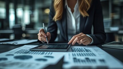 Businesswoman dressed in professional attire examining her financial report on a tablet holding a stylus pen making notes serious expression modern office setup with sleek decor wide frame negative