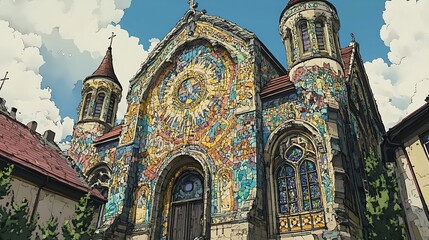 Obraz premium Colorful Mosaic Facade of a Historic Church Building.