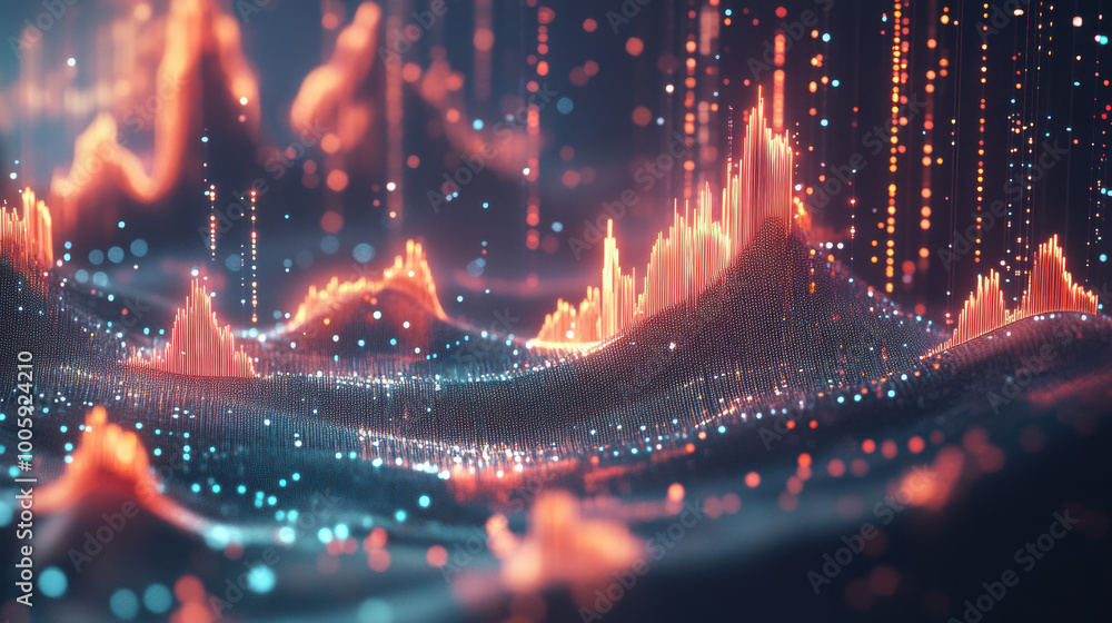 Poster glowing 3d chart displaying futuristic population trends with vibrant peaks and valleys, creating me