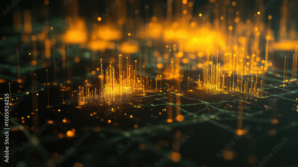 Poster glowing 3d chart displaying futuristic population data with vibrant orange and green elements, repre