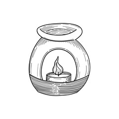 Hand-drawn aromatherapy lamp candle holder in black and white, a great fit for spa websites, relaxation, meditation visuals, and wellness-themed content.
