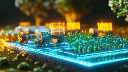 Obraz premium Futuristic farming technology showcases glowing machinery and vibrant crops in high tech agricultural setting. This innovative approach highlights integration of technology in sustainable farming