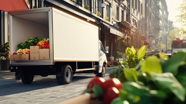 Delivery truck transporting fresh produce through a vibrant city street, showcasing urban life and local food culture.