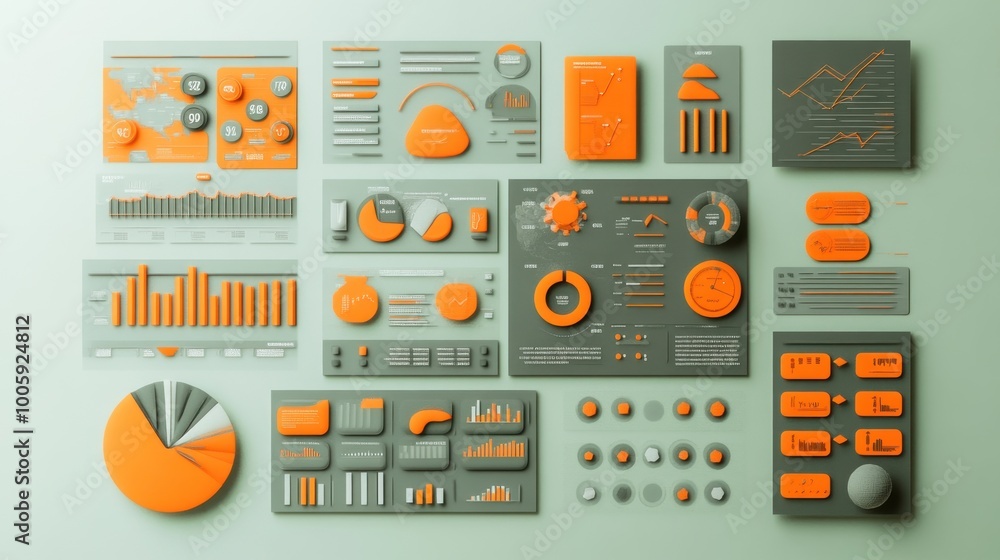 Poster a collection of data visualization elements in orange and gray, ideal for presentations.
