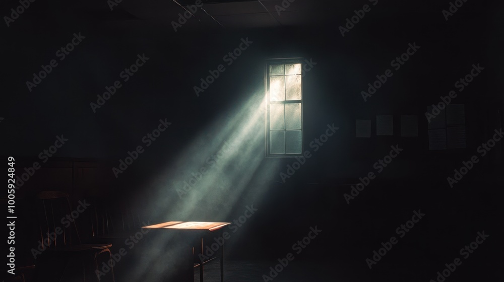 Poster a dimly lit room with a table illuminated by beams of light through a window.