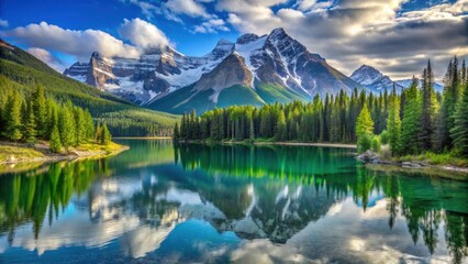 Fototapeta premium Rare mountain scenery featuring snow-capped peaks, lush forests, and serene lakes, remote, untouched, pristine