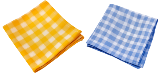 Close Up Top View To a Yellow And Blue plaid Pattern on a napkin PNG isolated on white and transparent background - Textile Checkered fabric Plaid design texture Plaid squares