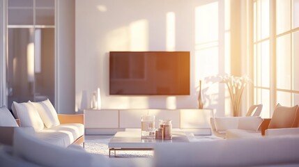 A bright, modern living room with a TV, comfortable seating, and natural light.