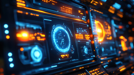 futuristic glowing interface displaying virtual data and metrics, featuring intricate designs and vibrant colors. This high tech visualization evokes sense of advanced technology and innovation