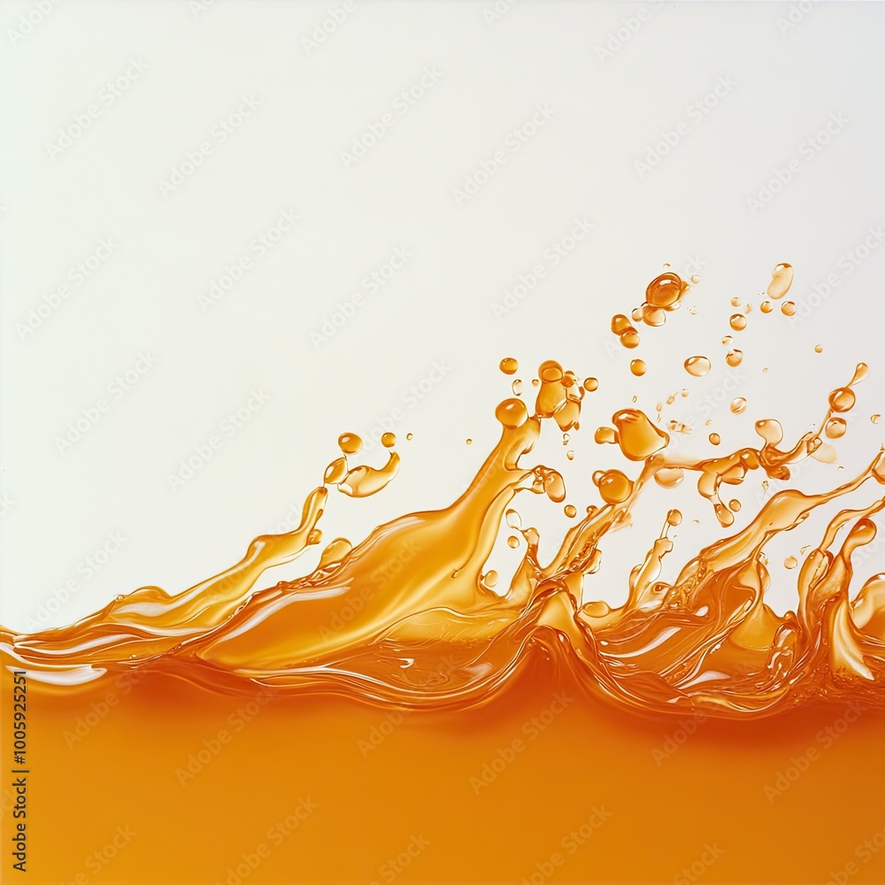 Poster dynamic splash of orange liquid creating intricate waves and droplets against a clean background.