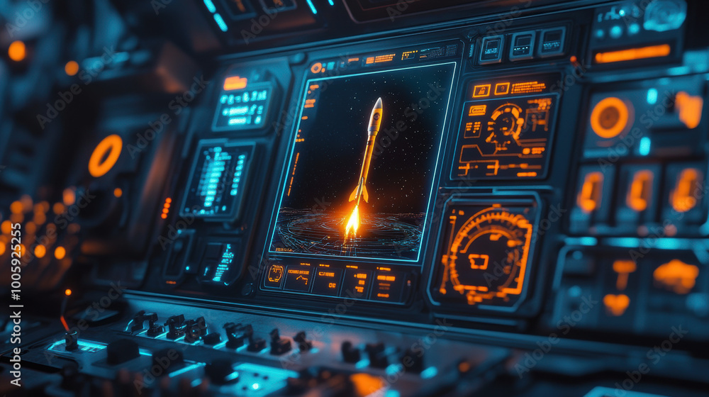Poster futuristic control panel displays glowing rocket launch, surrounded by intricate digital interfaces 