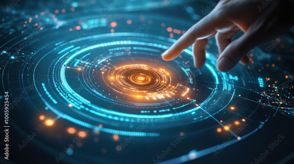 Poster hand interacts with glowing virtual dashboard, showcasing space mission interface filled with vibran