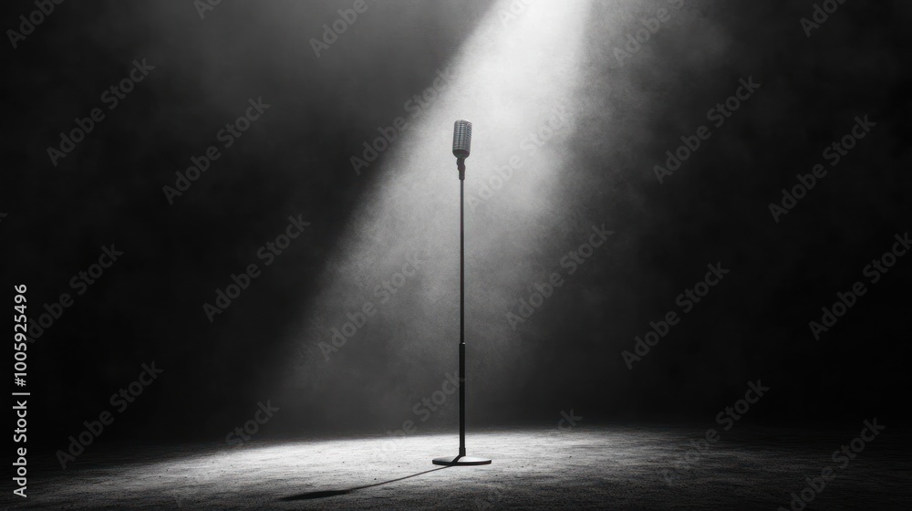 Poster a spotlight shines on a microphone, symbolizing performance and expression.