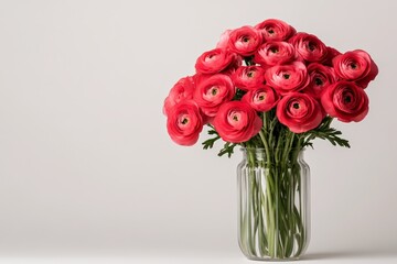Fototapeta premium A vibrant bouquet of deep pink ranunculus flowers arranged in a clear glass jar, placed against a light wooden background.