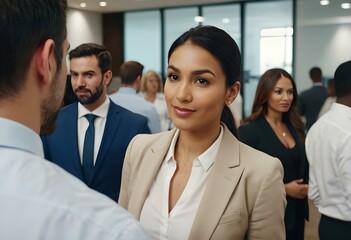 Fototapeta premium Confident businesswoman at an office event networking with fellow professionals