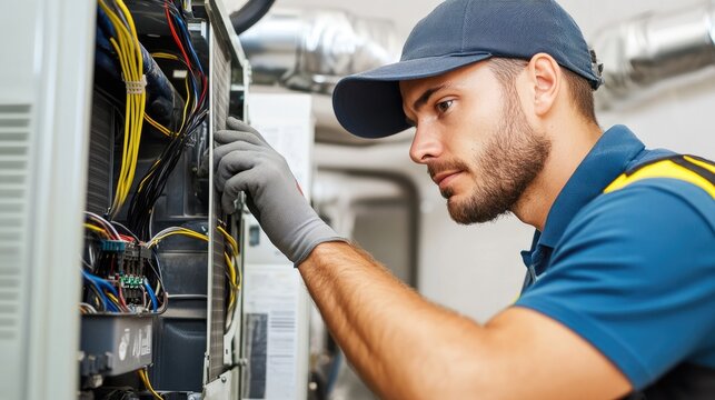 Electrician working on electrical panel wiring with precision and focus in a residential setting.