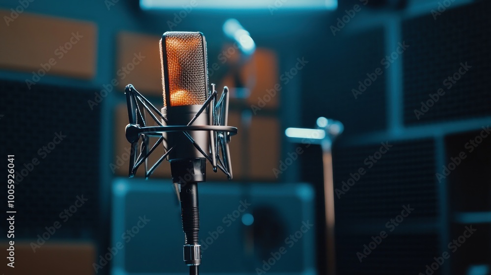 Poster a close-up of a microphone in a recording studio, highlighting its design and purpose.
