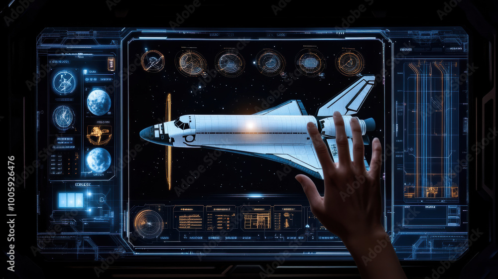Poster hand interacting with digital interface displaying space shuttle and celestial bodies, showcasing ad
