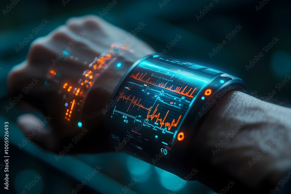 Poster futuristic wearable health monitor displaying real time biometric data and analytics