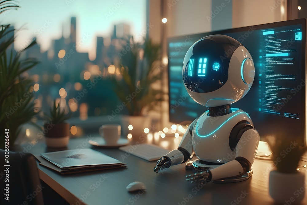 Poster ai powered robot assistant optimizing workspace productivity in futuristic home office