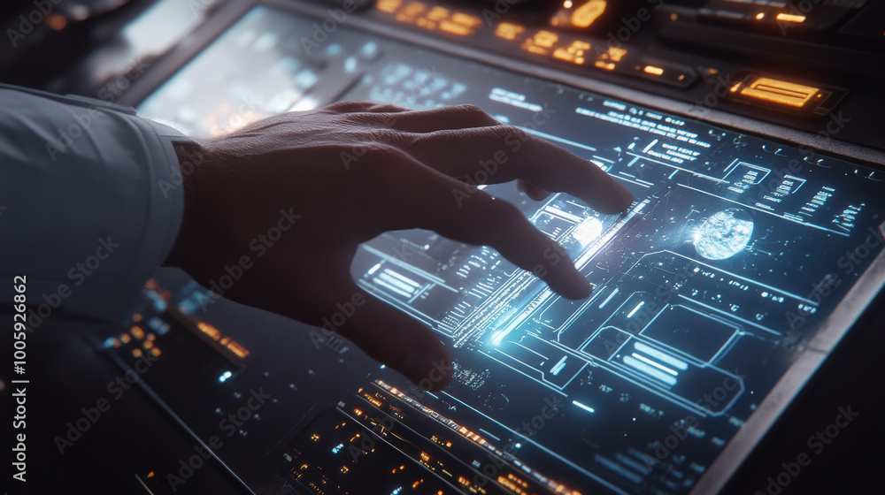 Poster hand interacting with digital interface, showcasing advanced technology and futuristic design. glowi