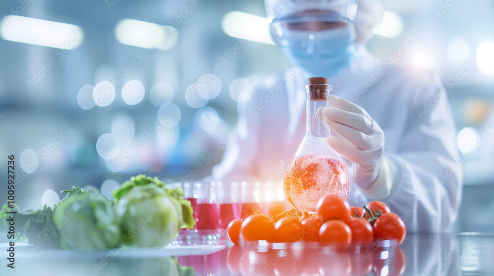 Poster a scientist in protective gear examines a flask containing a vibrant liquid, surrounded by fresh veg