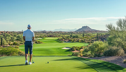 Golfer contemplating next shot on golf course with scenic desert mountain background