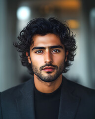 Obraz premium A photo of an attractive indian young man with dark curly hair and hazel eyes, wearing business attire in the office of New York City