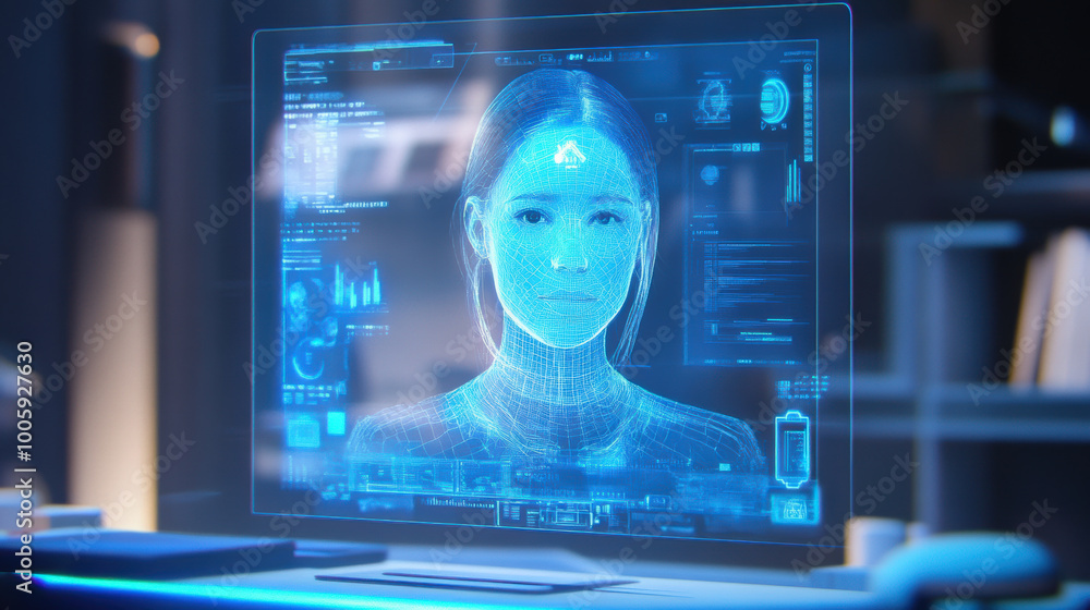 Poster holographic dashboard displaying realistic digital face with data overlays, showcasing advanced tech
