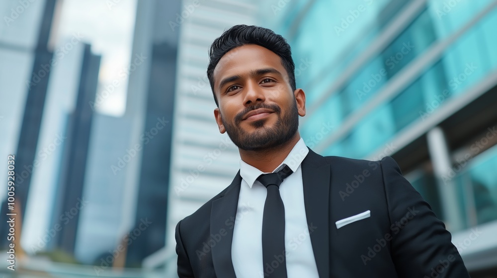 Poster man in a suit and tie stands in front of a building. he is smiling and looking directly at the camer