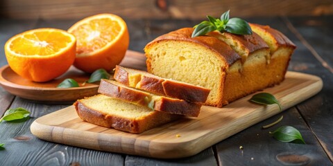 Sliced loaf of moist and citrusy orange pound cake on a wooden cutting board, orange, pound cake, citrus, loaf, cake, dessert