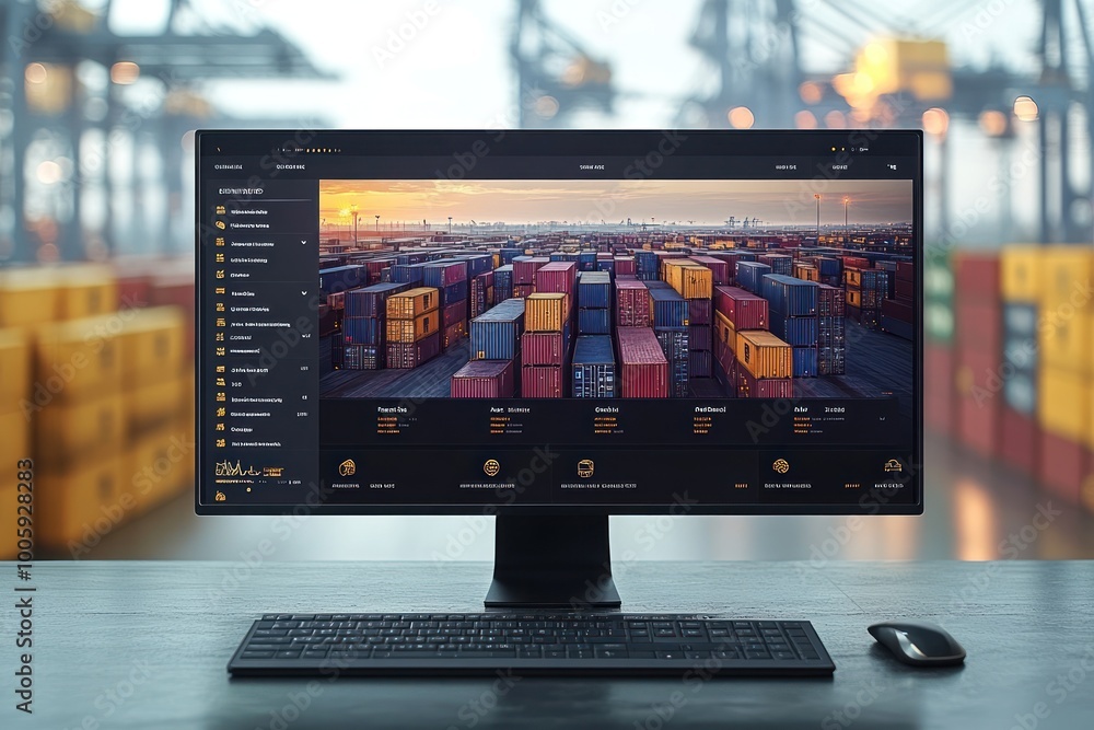 Poster computer screen displaying a port with cargo containers