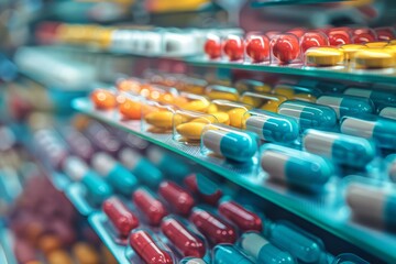 Obraz premium A display of assorted pharmaceutical pills, illustrating the wide range of medication choices. , background blur