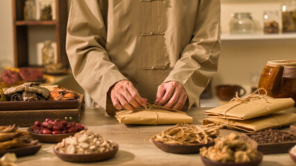 The physician is meticulously tying the herbal medicine package with brown string against the backdrop of the traditional medicine chamber, which features a table with various herbs on a wooden plate.