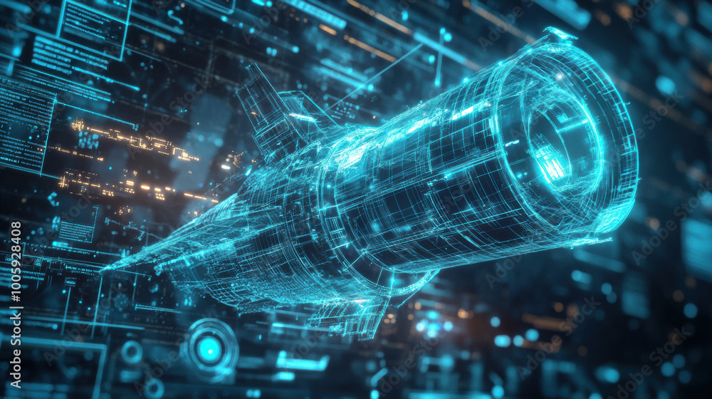 Poster holographic digital sketch of futuristic spacecraft, showcasing intricate details and glowing elemen