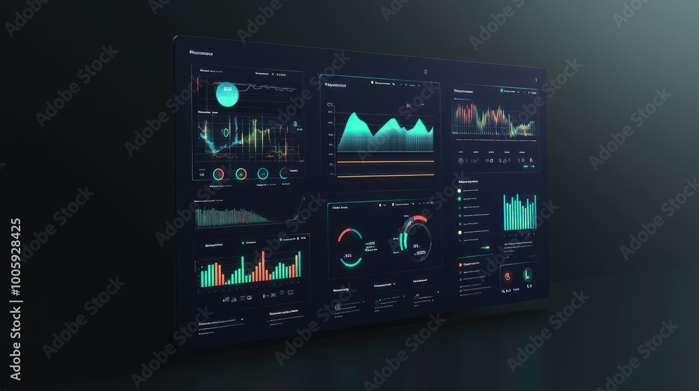 Poster a digital dashboard displaying data visualizations and analytics.