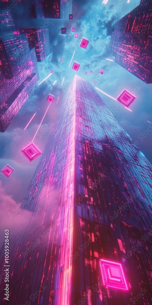 Poster futuristic skyscraper in a surreal setting with floating neon cubes and ethereal light rays.